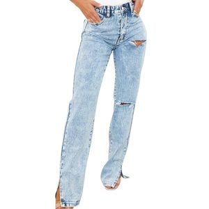 Pretty Little Thing Straight Leg Ice Blue Ripped Split Hem Jeans